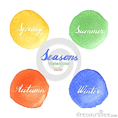 Handwritten season names on watercolor background Vector Illustration