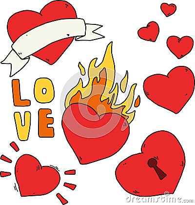 Handwritten set of stickers for Valentine's Day. Heart with fire, lock, ribbon. Flat vector retro tattoo drawings. Vector Illustration