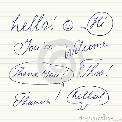 Handwritten short phrases. Hello, Thank You, Welcome, Thanks, Hi, Thx.. Vector Illustration