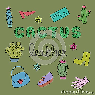 Handwritten text Cactus leather and leather goods on green background. New Eco-Friendly Fabric. Vector Illustration