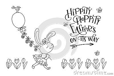 Handwritten text Hoppity Hippity Easter is on its way and hand drawn birds, flowers, cute bunny girl with eggs Vector Illustration