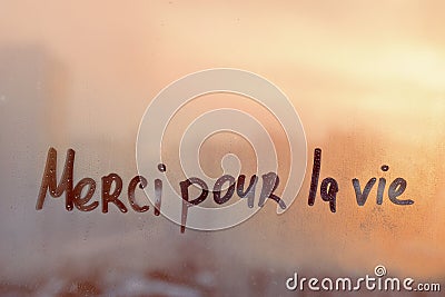 Handwritten text Merci pour la vie in French is Thanks for life in english written finger on orange sunset wet window Stock Photo