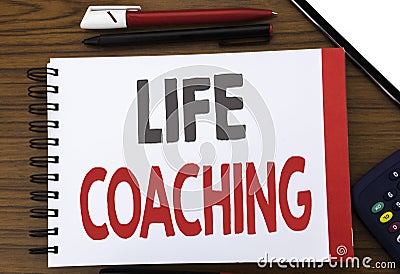 Handwritten text showing Life Coaching. Business concept writing for Personal Coach Help Written on notepad note paper, wooden bac Stock Photo