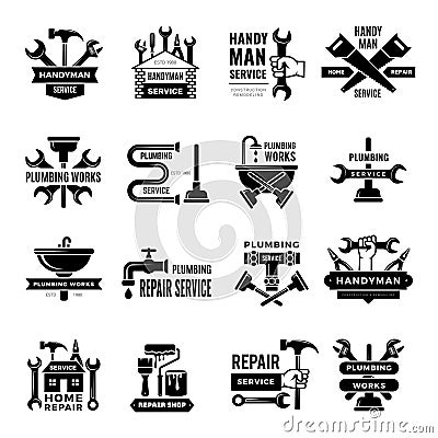 Handyman badges. Plumbing home logo home bathroom renovation processes recent vector symbols templates set Cartoon Illustration