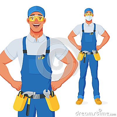 Handyman in bib overalls and protective glasses with arms akimbo. Vector cartoon character. Vector Illustration