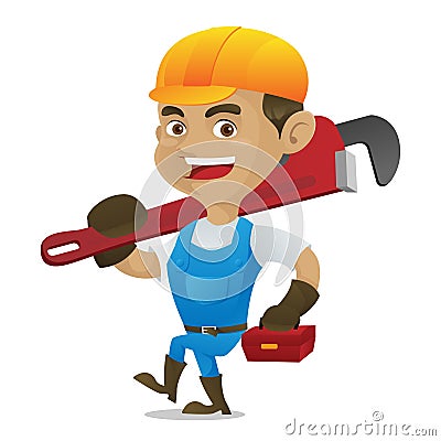 Handyman carrying adjustable wrench and toolbox Vector Illustration