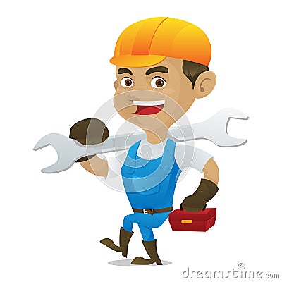 Handyman carrying wrench and toolbox Vector Illustration