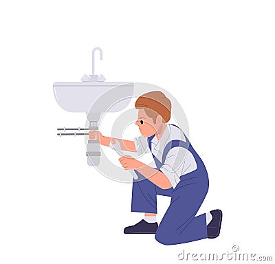 Handyman cartoon character fixing broken sink pipe with wrench in home bathroom or kitchen Vector Illustration