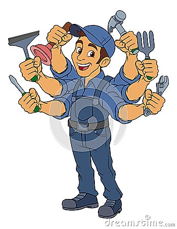 Handyman Cartoon Handy Man Caretaker Multitasking Vector Illustration