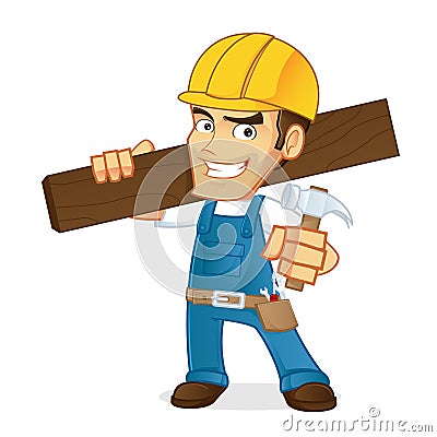 Handyman holding wooden plank and hammer Vector Illustration