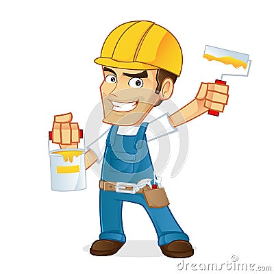 Handyman holding paint and roller Vector Illustration