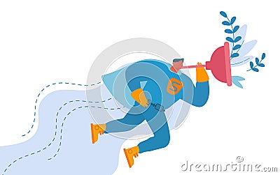 Handyman Character Wearing Super Hero Costume Holding Huge Plunger in Hand Flying in Sky to Help People Vector Illustration