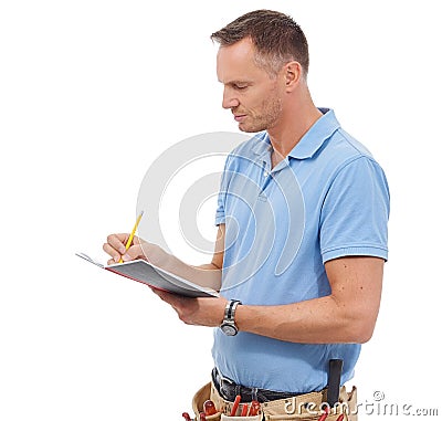 Handyman, contractor or man writing isolated on a white background with notebook, invoice and carpenter tools Stock Photo