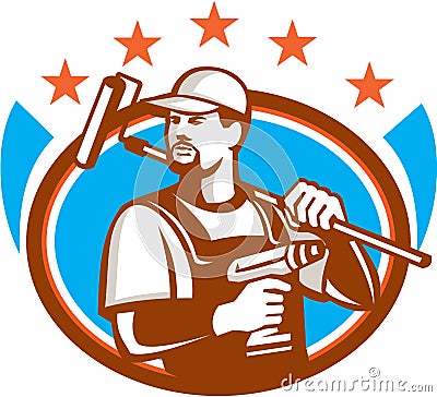 Handyman Cordless Drill Paintroller Oval Stars Retro Vector Illustration