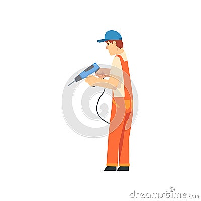 Handyman with Drill, Male Construction Worker Character in Orange Overalls and Blue Cap with Professional Equipment Vector Illustration