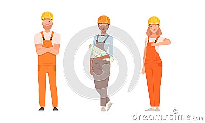 Handyman or Fixer as Skilled Man and Woman Wearing Overall Holding Draft and Showing Thumb Up Engaged in Home Repair Vector Illustration