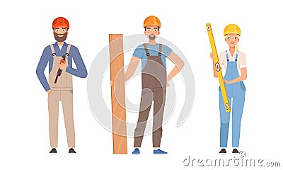 Handyman or Fixer as Skilled Man and Woman Wearing Overall Holding Wrench and Level Engaged in Home Repair Work Vector Vector Illustration