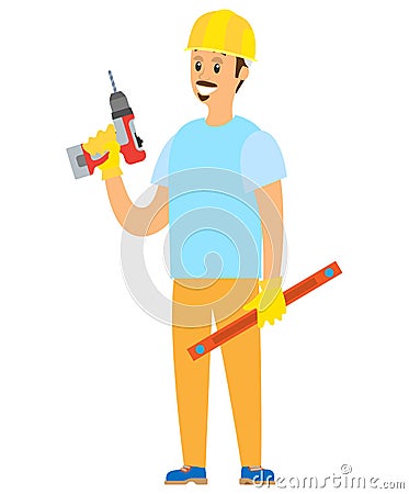 Repairman Standing with Drill and Ruler Vector Vector Illustration