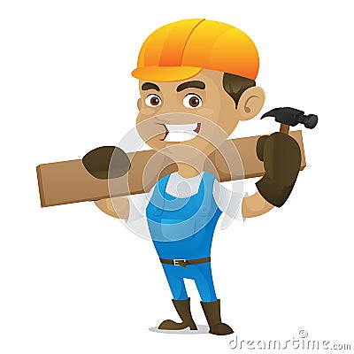 Handyman holding hammer and carrying wood plank Vector Illustration
