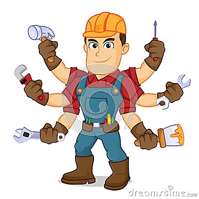 Handyman holding mutiple tools Cartoon Illustration