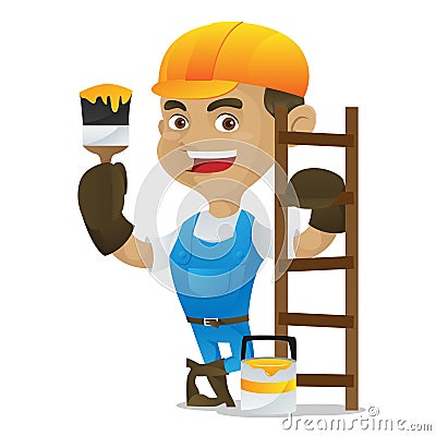 Handyman holding paint brush and leaning on ladder Vector Illustration