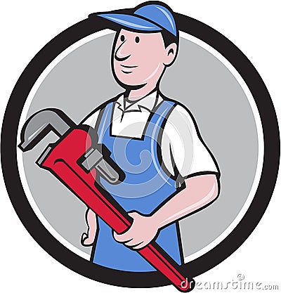 Handyman Holding Pipe Wrench Circle Cartoon Vector Illustration