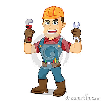 Handyman holding pipe wrench Cartoon Illustration