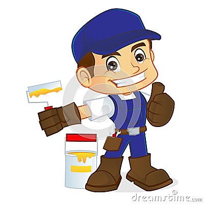 Handyman holding roller paint Stock Photo