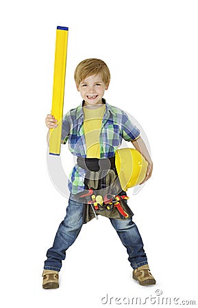 Handyman Kid with Repair Tools. Child Boy Professional Builder Stock Photo