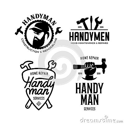 Handyman labels badges emblems and design elements. Carpentry related vector vintage illustration. Vector Illustration