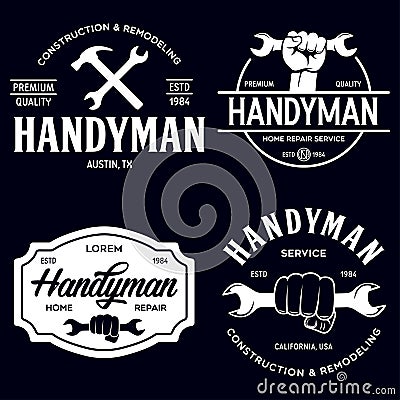 Handyman labels badges emblems and design elements. Tools silhouettes. Carpentry related vector vintage illustration Vector Illustration