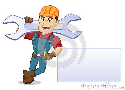 Handyman leaning on blank sign hold wrench Cartoon Illustration