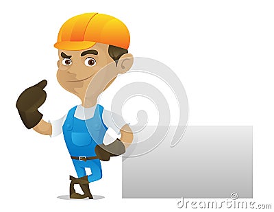 Handyman leaning on blank sign Vector Illustration