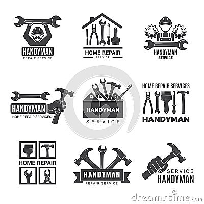 Handyman logo. Worker with equipment servicing badges screwdriver hand contractor man vector symbols Vector Illustration