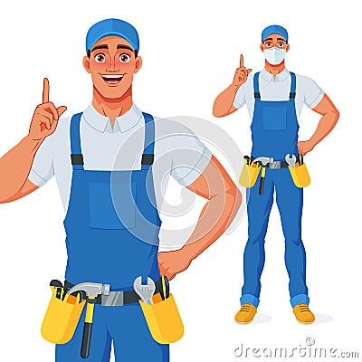 Handyman in overall and tool belt pointing finger up to give advice. Vector cartoon character. Vector Illustration