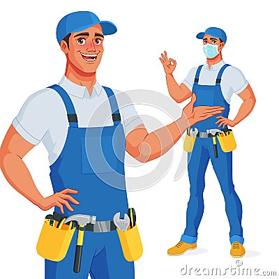 Handyman in overalls and tool belt presenting and showing OK. Vector illustration. Vector Illustration