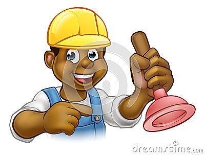 Handyman Plumber Holding Punger Cartoon Character Vector Illustration