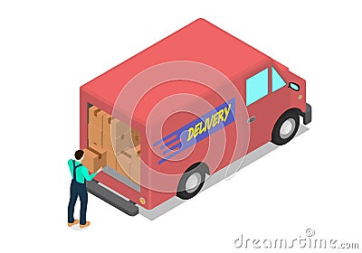 Worker loads the van with cardboard boxes. Vector Illustration