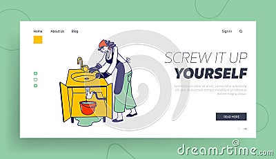 Handyman Service Company Order Call Website Landing Page. Sad Housewife Need Plumbing Help Broken Sink Pipe Accident Vector Illustration