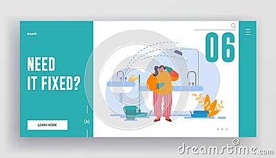 Handyman Service Company Order Landing Page Template. Sad Housewife Character Need Plumbing Help with Broken Sink Pipe Vector Illustration