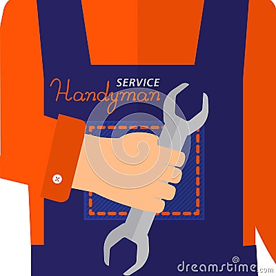 Handyman service logo. Wrench in hand working. Lettering Handyman service. Vector Illustration