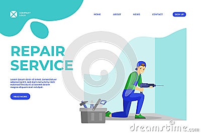 Handyman services flat landing page template. Young repairman making hole in wall using electric drill cartoon character Vector Illustration