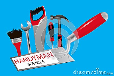 Handyman services. Trowel, saw, hammer, wrench, screwdriver and Vector Illustration