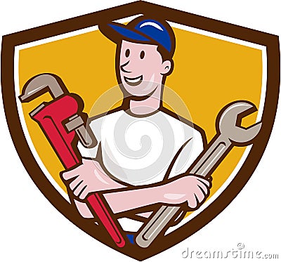 Handyman Spanner Monkey Wrench Crest Cartoon Vector Illustration