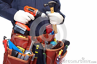 Handyman with a tool belt. Stock Photo