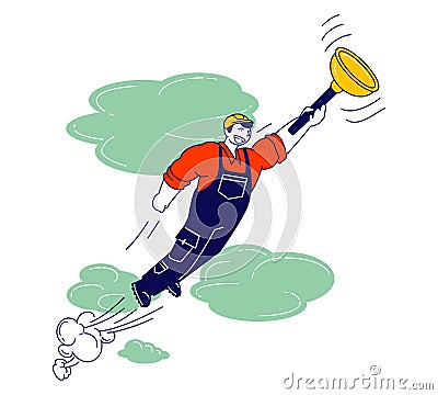 Handyman Wearing Helmet and Working Overalls Hold Huge Plunger in Hand Flying like Super Hero in Sky to Help People Vector Illustration