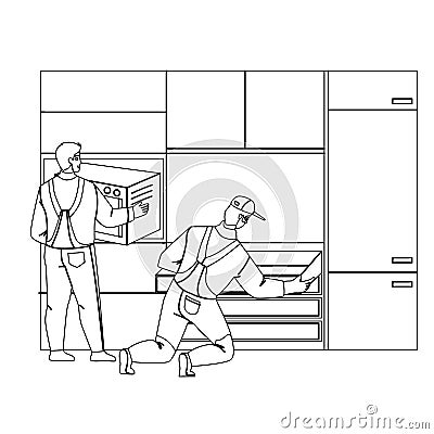 Handyman Workers Install Kitchen Furniture Vector Vector Illustration