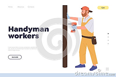 Handyman workers online service order landing page with professional carpenter repairing door Vector Illustration