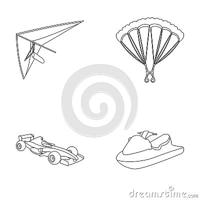 Hang glider, parachute, racing car, water scooter.Extreme sport set collection icons in outline style vector symbol Vector Illustration