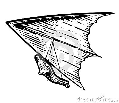 Hang glider takes off. Bottom view from afar. Hand drawn outline sketch. Isolated on white background. Vector. Vector Illustration